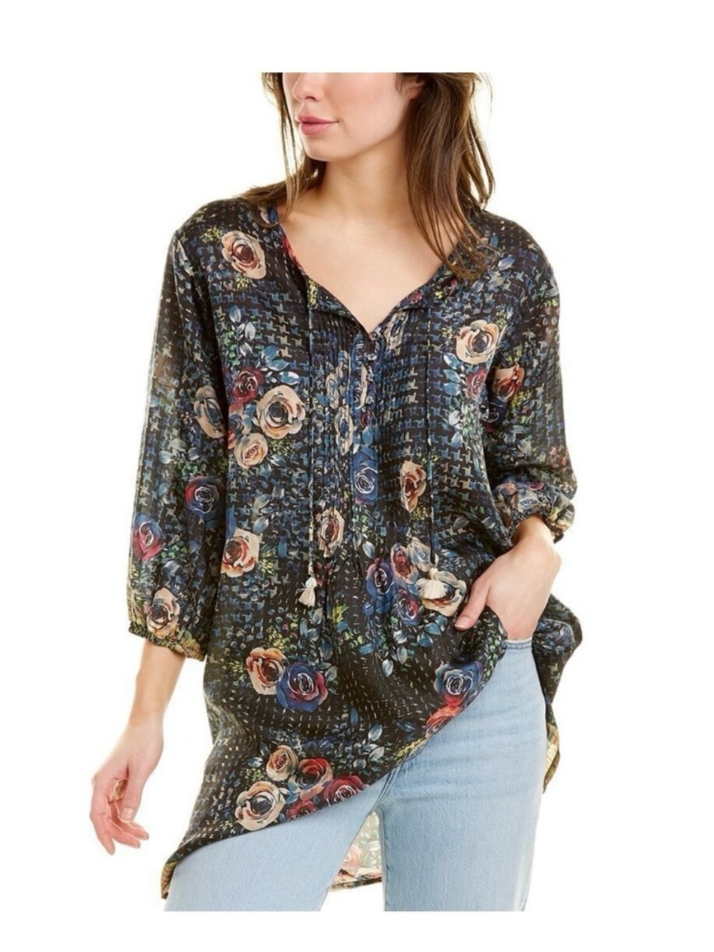 Johnny Was Black Floral Tunic with Rose Print Size Small